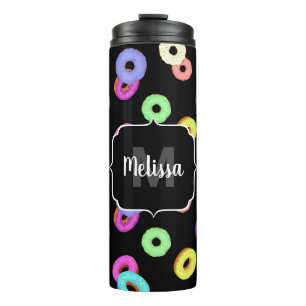 Coole, bunte Donuts schwarze Monogramm Thermosbecher