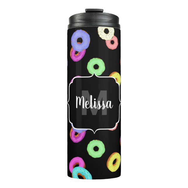 Coole, bunte Donuts schwarze Monogramm Thermosbecher (Vorderseite)
