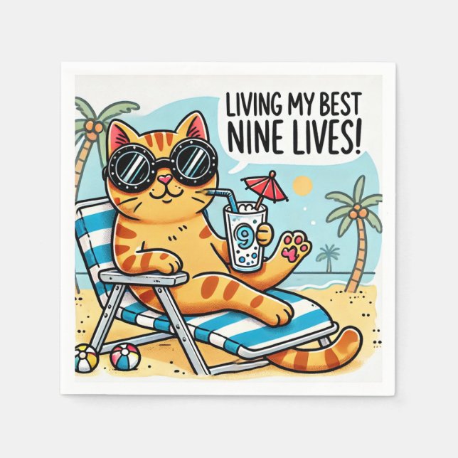 Coole Cat Chilling on Beach - Funny Cartoon Serviette (Vorderseite)