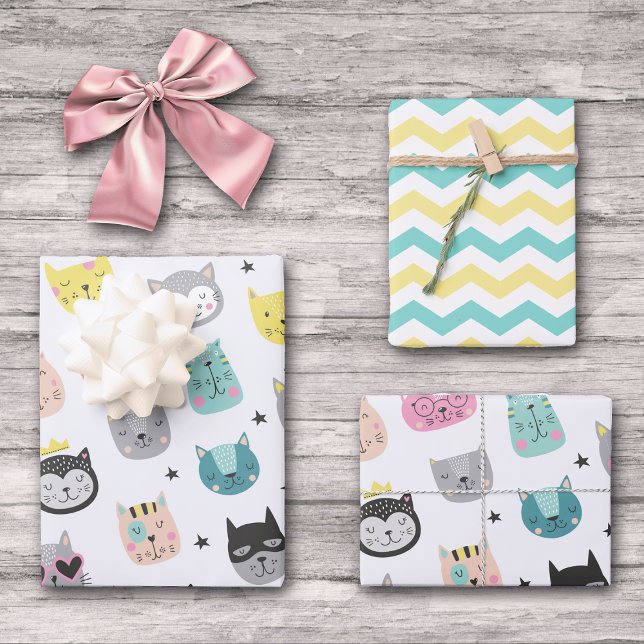 Coole Cat Faces Aquamarin Gelbes Zickzack Muster Geschenkpapier Set (Von Creator hochgeladen)