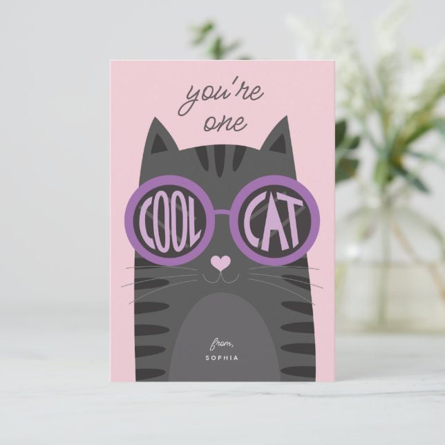 Coole Cat Gray Valentine's day Card_Lila Einladung (Stehend Vorderseite)