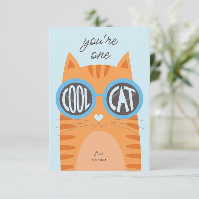 Coole Cat Orange Valentine's day Card_blue Einladung (Stehend Vorderseite)