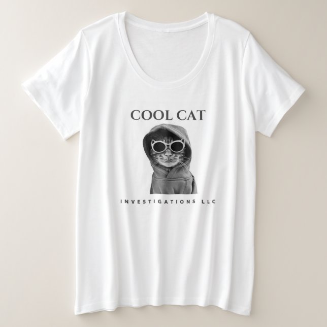 Coole Cat Schwarz/Weiß Logo-Abschlag Große Größe T-Shirt (Design vorne)