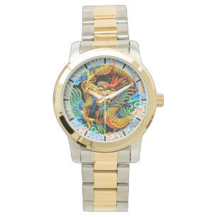 Coole chinesische bunte Drachelotos-Blumenkunst Armbanduhr