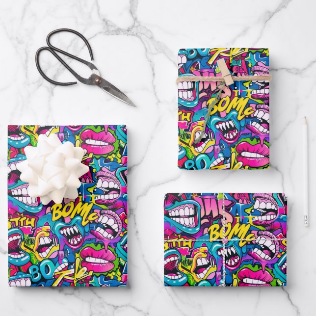 Coole Comic-Graffiti-Kachelmuster  Geschenkpapier Set (Vorderseite)