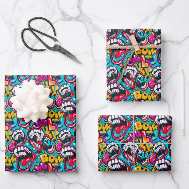 Coole Comic-Graffiti-Kachelmuster  Geschenkpapier Set (Vorderseite)