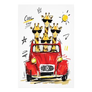 Coole Crew Giraffen im klassischen roten Auto Fotodruck