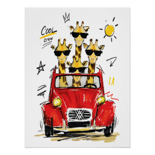 Coole Crew Giraffen im klassischen roten Auto Poster