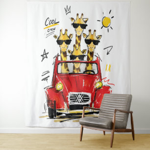 Coole Crew Giraffen im klassischen roten Auto Wandteppich