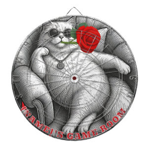 Coole dicke Katze mit roter Rose Vintage-Skizzenku Dartscheibe
