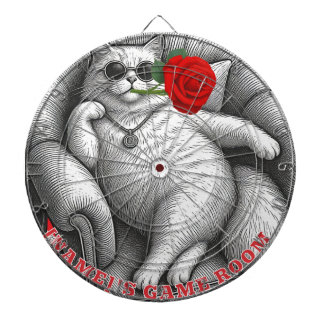 Coole dicke Katze mit roter Rose Vintage-Skizzenku Dartscheibe