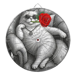 Coole dicke Katze mit roter Rose Vintage-Skizzenku Dartscheibe