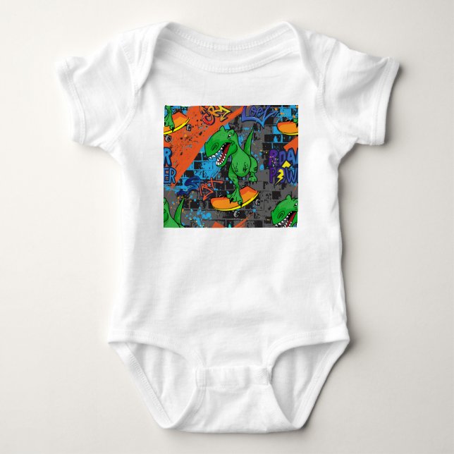 Coole Dinosaurier Skateboard Nahtloses Muster Baby Strampler (Vorderseite)
