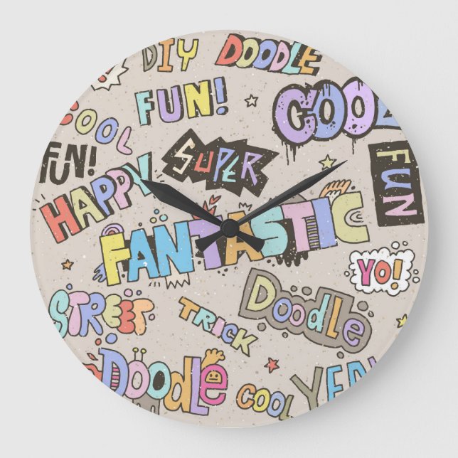 Coole Doodle Buchstaben Vintag Große Wanduhr (Vorderseite)