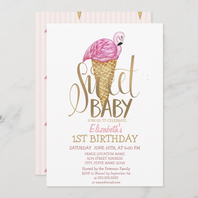 Coole Eiscreme Rosa Flamingo Streifen Geburtstag Einladung (Vorne/Hinten)