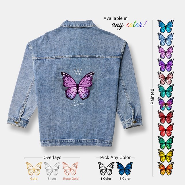 Coole Farbe Monogramm Blaue Lila Schmetterlinge Jeansjacke (Create your custom denim jacket with any color butterfly of your choosing.)