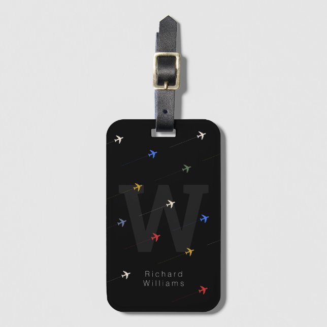 coole Farbflugzeuge in mit Monogramm schwarz Gepäckanhänger (Vorderseite Vertikal)