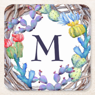 Coole Farbkaktus Monogramm Rechteckiger Pappuntersetzer