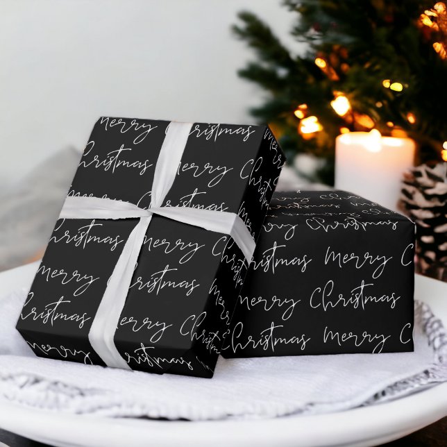 Coole Frohe Weihnachts-Drehbuch Schriftart schwarz Geschenkpapier (Cool Merry Christmas script font black pattern Wrapping Paper)