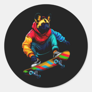 Coole funkige afrikanische Wildhund-Skateboarding- Runder Aufkleber