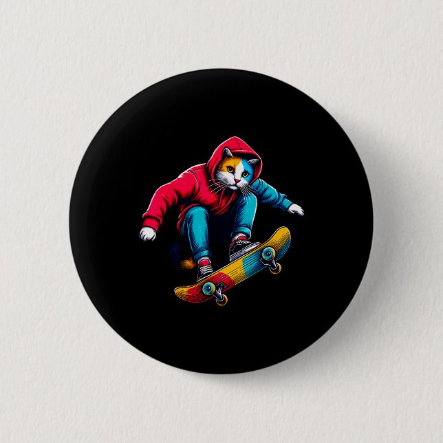 Coole funky Katze Skateboard fahrende Katzenliebha Button (Vorderseite)