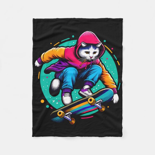 Coole funky Katze Skateboard fahrende Katzenliebha Fleecedecke (Vorderseite)