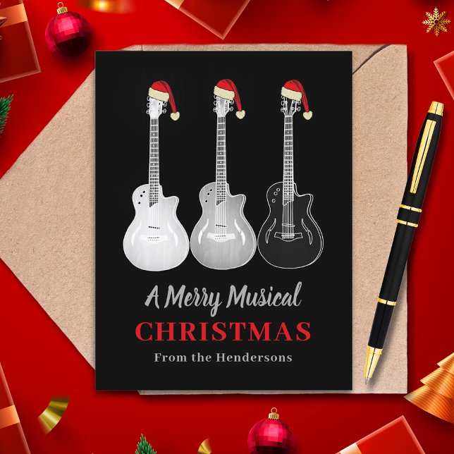 Coole Gitarre Weihnachten Merry Music Personalisie (Christmas guitars black and white guitar wearing santa hat merry musical custom holiday card)