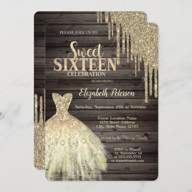 Coole Gold Glitzer Tropfen, Dress Wood Sweet 16 Einladung (Vorne/Hinten)