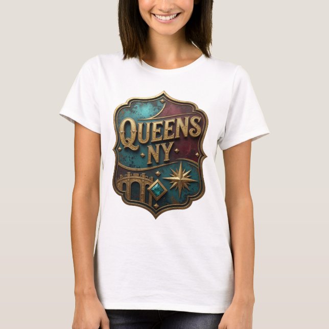 Coole Gold QUEENS NY tragbare Kunst T-Shirt (Vorderseite)