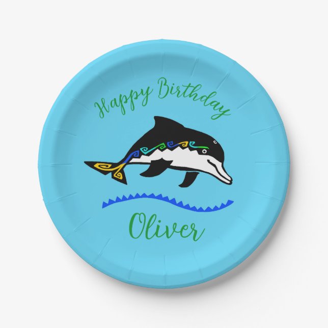 Coole Grafik - DOLPHIN - Happy Birthday- Blau Pappteller (Vorderseite)