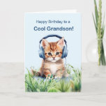 Coole Grandson Birthday Cat mit Kopfhörern Karte<br><div class="desc">Genießen Sie Ihren Enkel mit dieser lebendigen Geburtstagskarte, die eine skurrile Aquarell-Illustration eines Katzenkillerns im Gras enthält, und mit trendigen Kopfhörern. Die Vorderseite wünscht einem Coolen Enkel herzlich einen "guten Geburtstag", während das Innere vermittelt, dass man wunderbare Dinge über ihn gehört hat. Diese künstlerische Karte zeichnet sich durch die Essenz...</div>