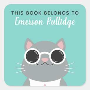Coole graue Katze Türkis Dieses Buch gehört Quadratischer Aufkleber