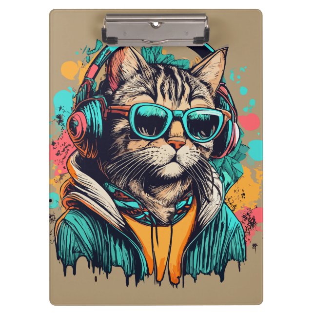 Coole Groovy Cat mit Kopfhörern Musik hören Klemmbrett (Vorderseite)