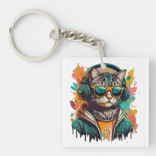 Coole Groovy-Katze mit Kopfhörern beim Musikhören Schlüsselanhänger