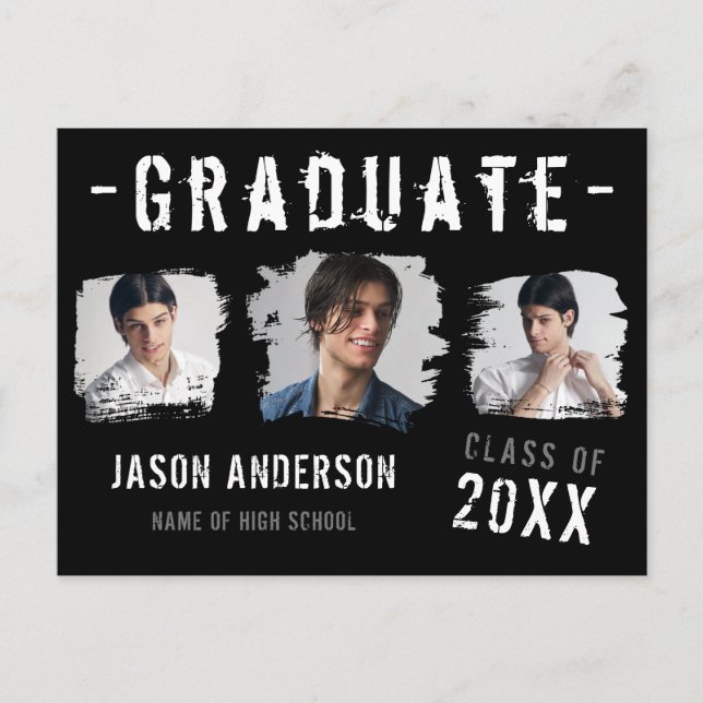Coole Grunge Black 3 Foto Graduate Ankündigung Postkarte (Vorderseite)