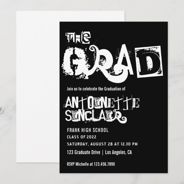 Coole Grunge Typografy Graduation Party Einladung (Vorne/Hinten)