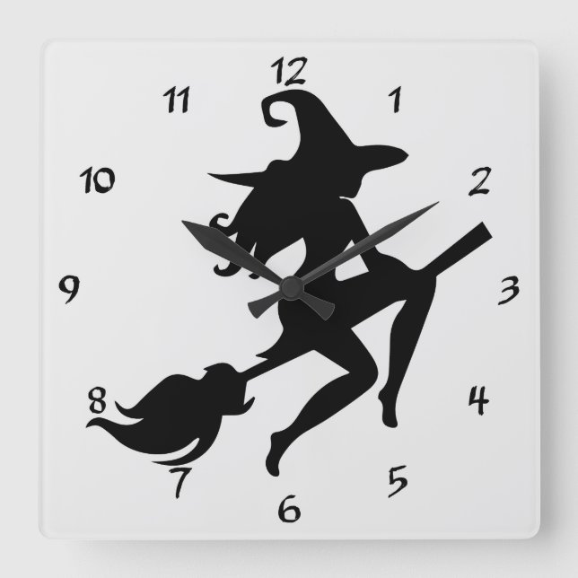 Coole Halloween Hexe reitet ihre Broom-Silhouette Quadratische Wanduhr (Vorderseite)