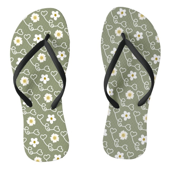 Coole Herzen und weiße Blume auf grünem Hintergrun Flip Flops (Fußbett)