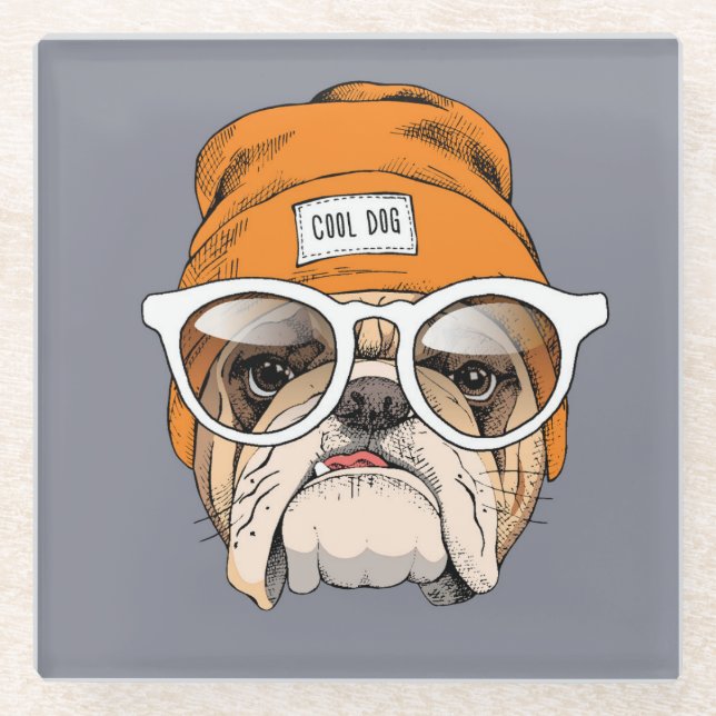 Coole Hipster-Bulldogge Glasuntersetzer (Vorderseite)
