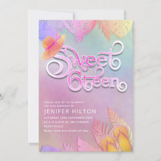 Coole holografische tropische Typografie süß 16 Einladung