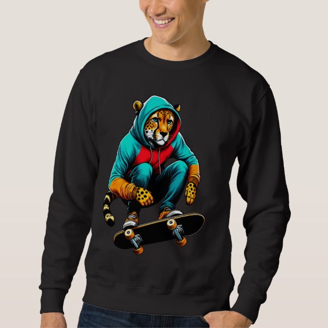 Coole Illustration über Funky Cheetah Skateboardin Sweatshirt (Vorderseite)