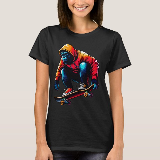 Coole Illustration über Funky Gorilla Skateboardin T-Shirt (Vorderseite)