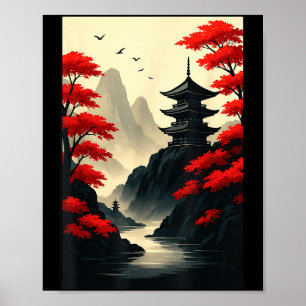 Coole japanische Pagoden-Burg-Berglandschaft Gra Poster
