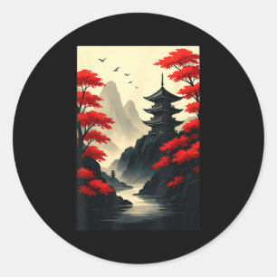 Coole japanische Pagodenburg Berglandschaft Gra Runder Aufkleber