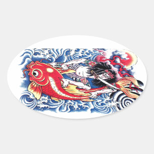 Coole japanische Samurai Koi Ovaler Aufkleber