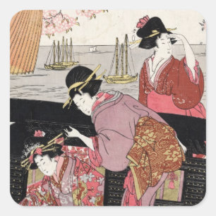 Coole japanische Ukiyo-e-Trio-Geisha-Lady-Rolle Quadratischer Aufkleber
