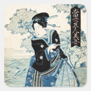 Coole japanische Vintage-Ukiyo-e-Geisha-Dame Frau Quadratischer Aufkleber