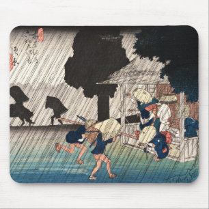 Coole japanische Vintage-Ukiyo-e-Regenszene Mousepad