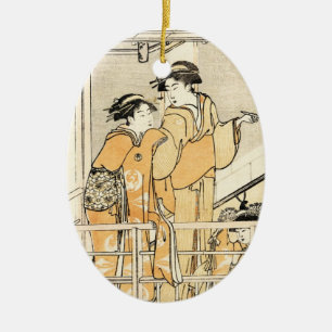 Coole japanische Vintage ukiyo-e zwei Geishasrolle Keramik Ornament