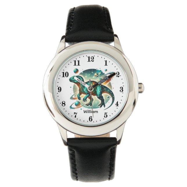 Coole Jungs Kosmischer Dinosaurier Name hinzufügen Armbanduhr (Vorderseite)